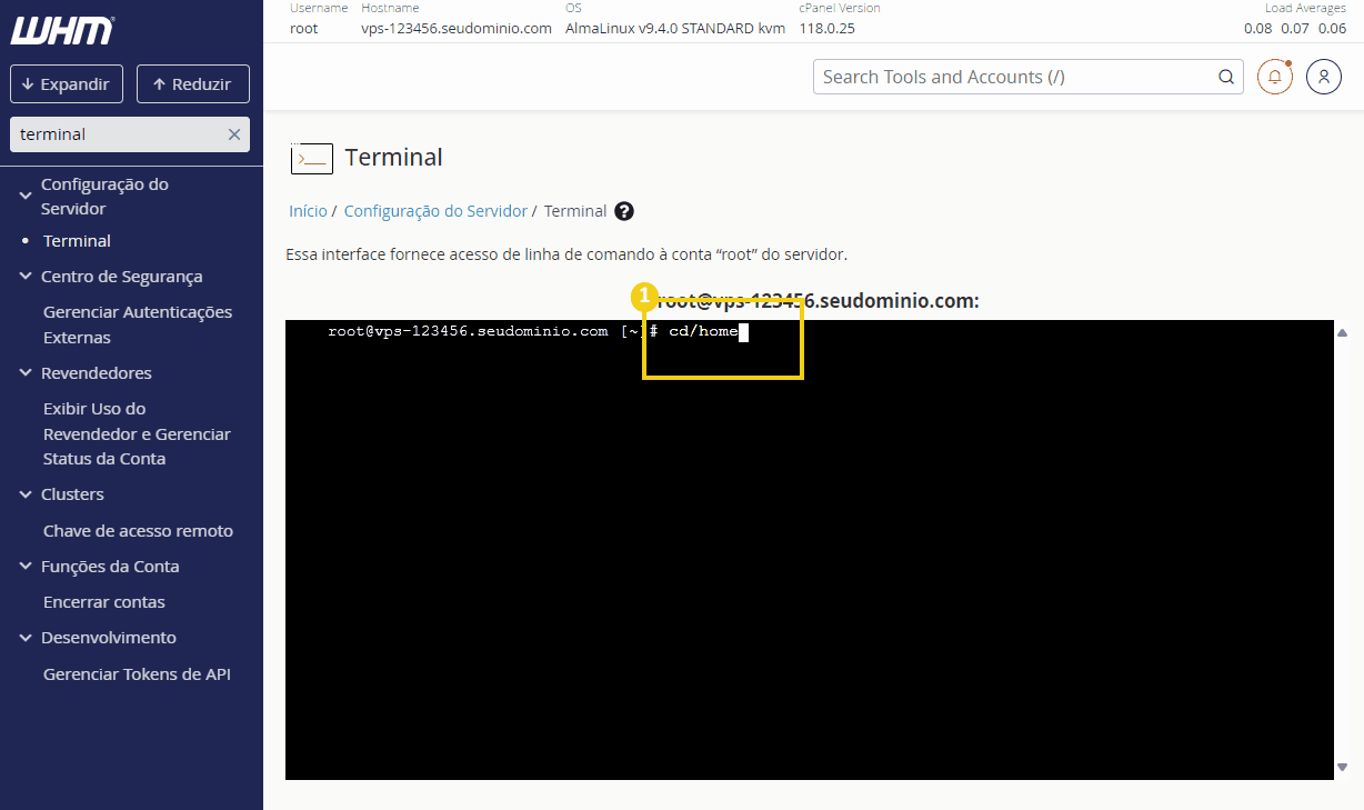 Terminal do WHM, exibindo acesso à conta root do servidor. O terminal mostra o comando para acessar o diretório home em um VPS.