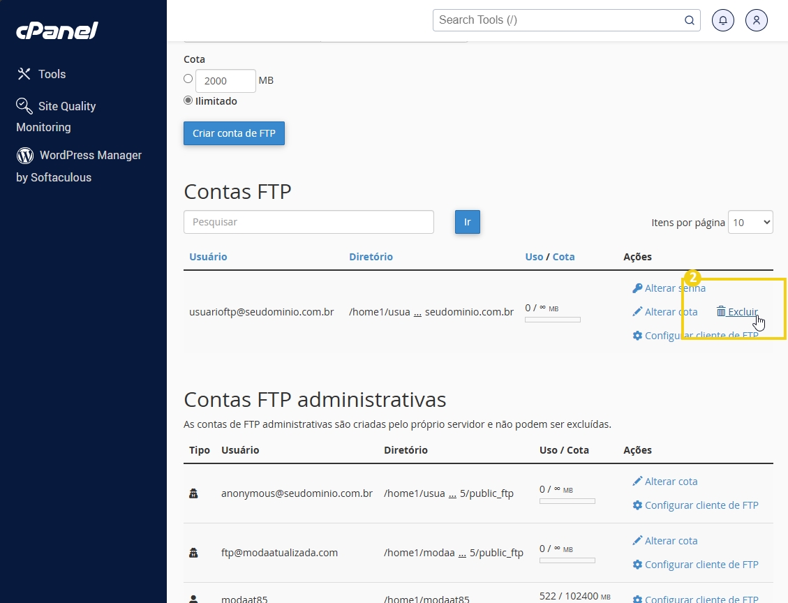 Imagem da interface do cPanel mostrando a seção de gerenciamento de contas FTP, com opções para alterar senha e cota, e a opção de excluir contas.