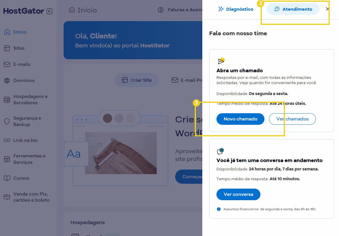 A tela do portal HostGator mostrando opções de suporte, incluindo a criação de novo chamado, para atendimento ao cliente.