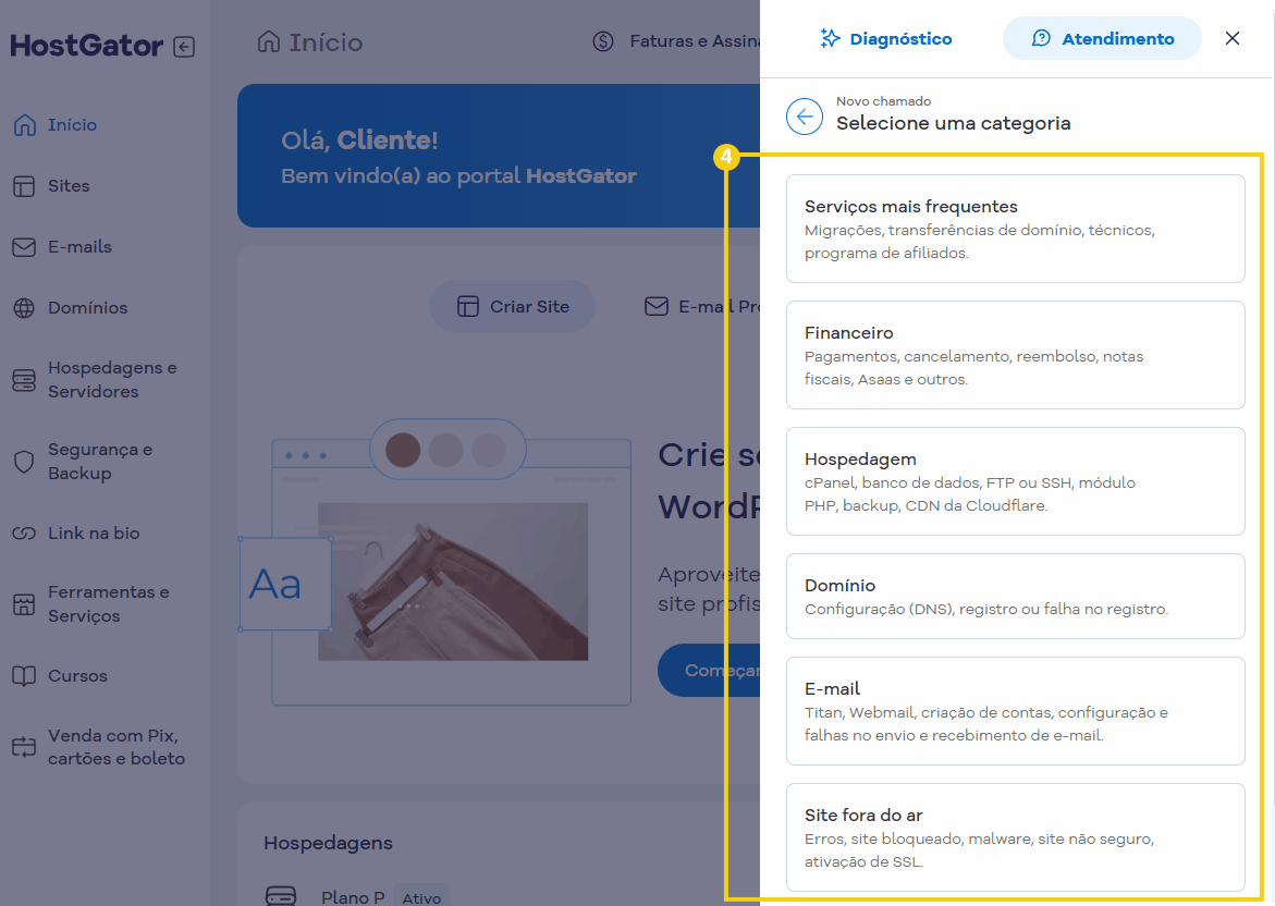 Tela do portal HostGator mostrando opções de suporte e serviços frequentes como migrações, hospedagem e domínio.