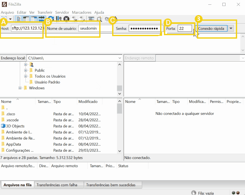Interface do FileZilla mostrando campos para conexão, incluindo host, nome de usuário, senha, porta e tipo de conexão.