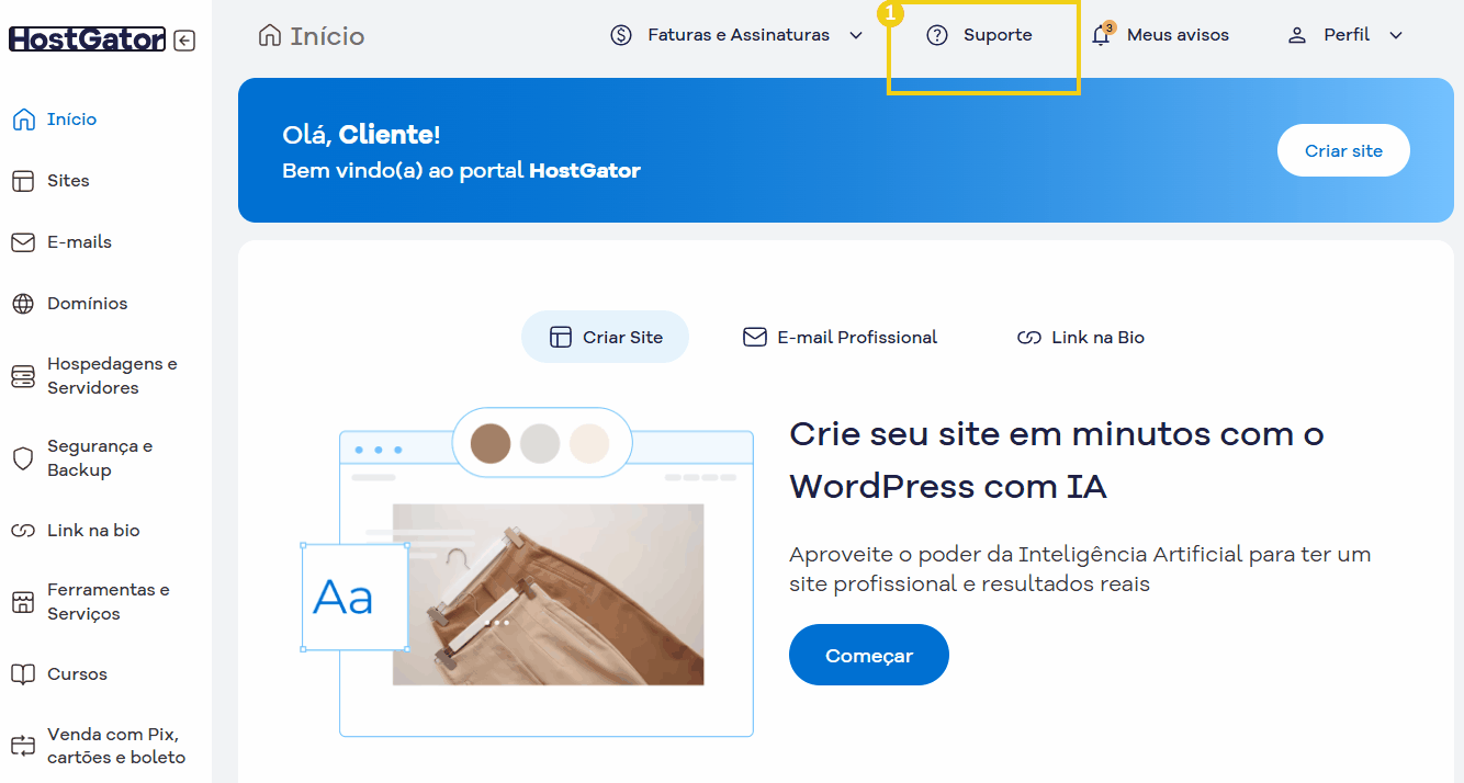 Imagem do portal HostGator destacando a seção de suporte. O cliente pode acessar ferramentas para criação de sites e ajuda técnica. Ideal para iniciantes e profissionais.