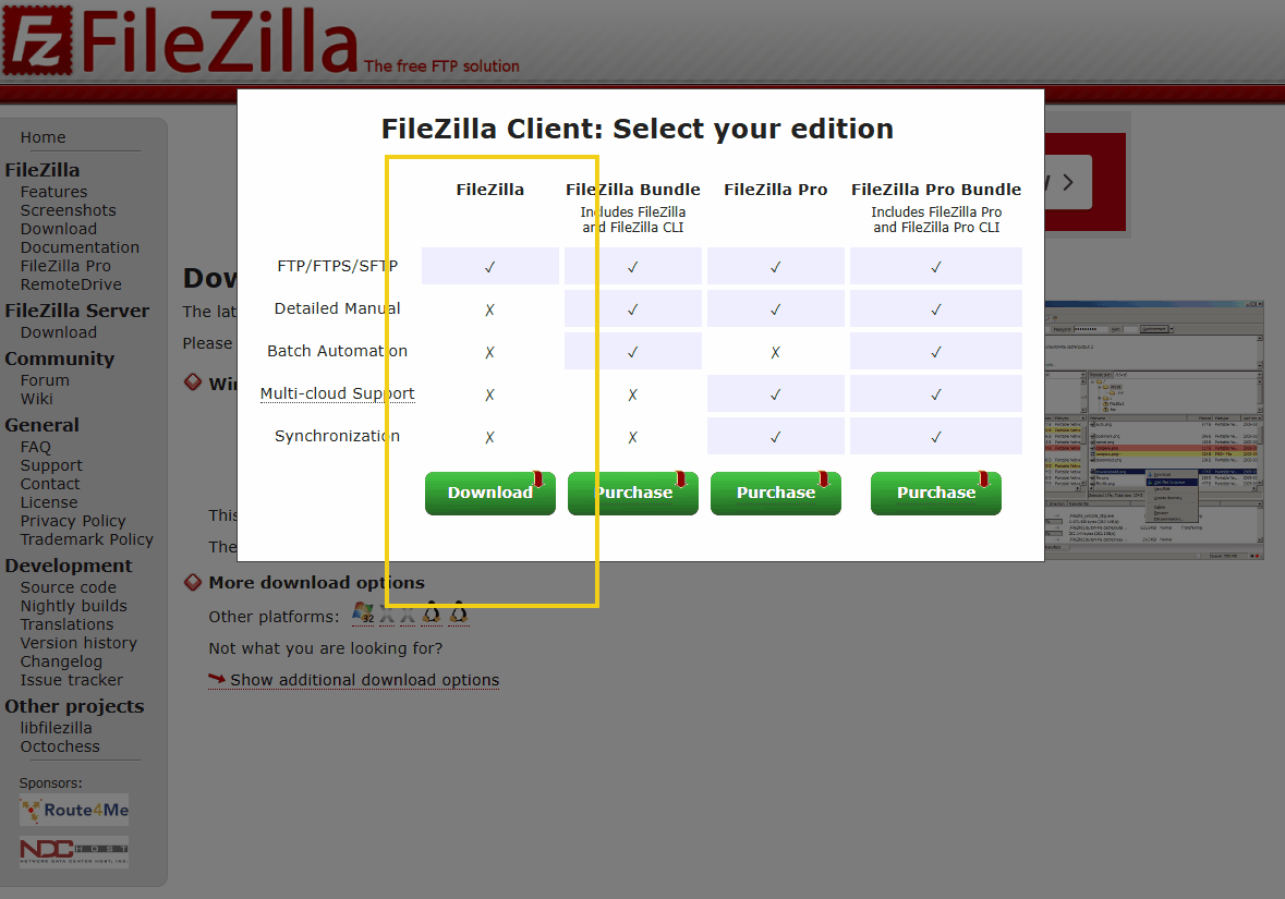 Tela do FileZilla Client mostrando opções de download e comparação entre edições como FileZilla, FileZilla Bundle e FileZilla Pro. Ideal para gerenciar transferências de arquivos.