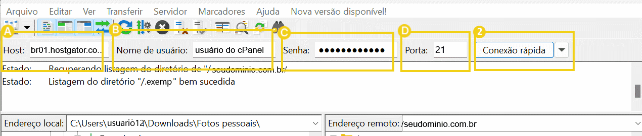 Tela de FTP com informações sobre conexão, incluindo host, nome de usuário, senha e porta. Ideal para gerenciar arquivos em um servidor.