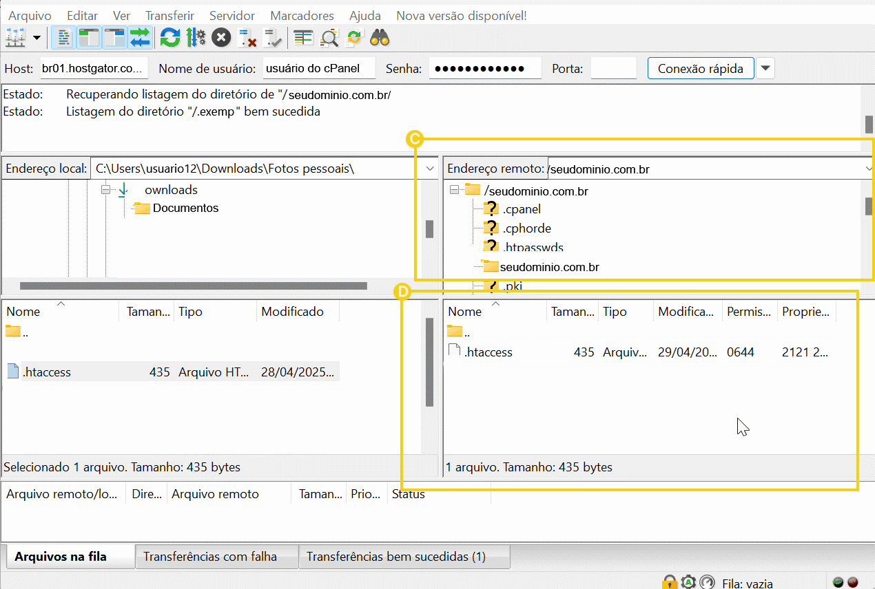 Captura de tela mostrando a interface de um gerenciador de arquivos, detalhando arquivos no diretório remoto de um site, incluindo o arquivo .htaccess e suas propriedades.