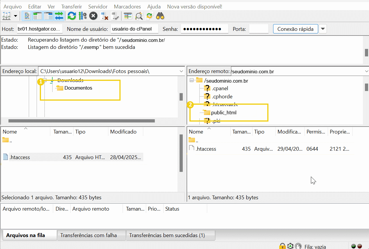 Imagem mostrando a interface de um gerenciador de arquivos com diretórios como 'Downloads' e 'public_html'. O painel apresenta detalhes sobre os arquivos e as transferências.
