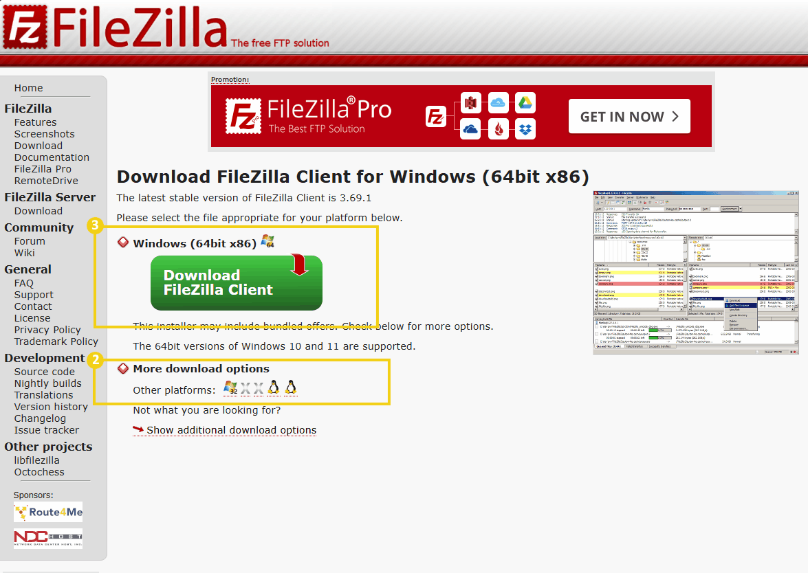 Página para download do cliente FileZilla para Windows (64-bit x86), destacando o botão 'Download FileZilla Client'.