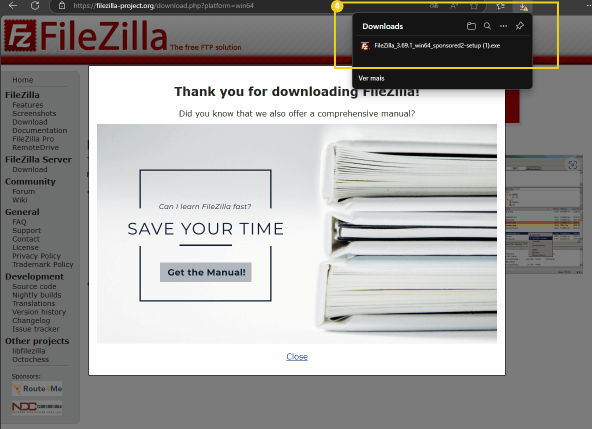 Tela de agradecimento após download do FileZilla, com dicas para economizar tempo e sugestão de obter o manual completo para aprendizado mais rápido.