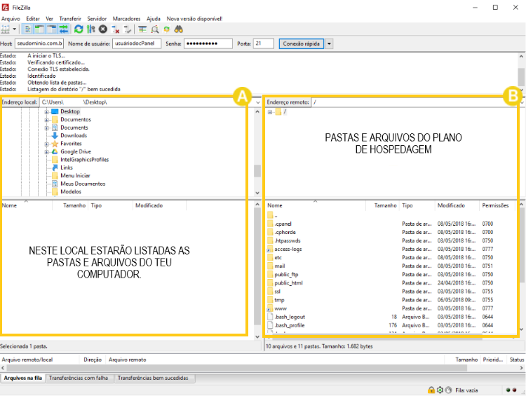 Interface do FileZilla mostrando as pastas e arquivos do computador e do plano de hospedagem. A seção local lista as pastas do usuário e a seção remota exibe os arquivos do servidor.