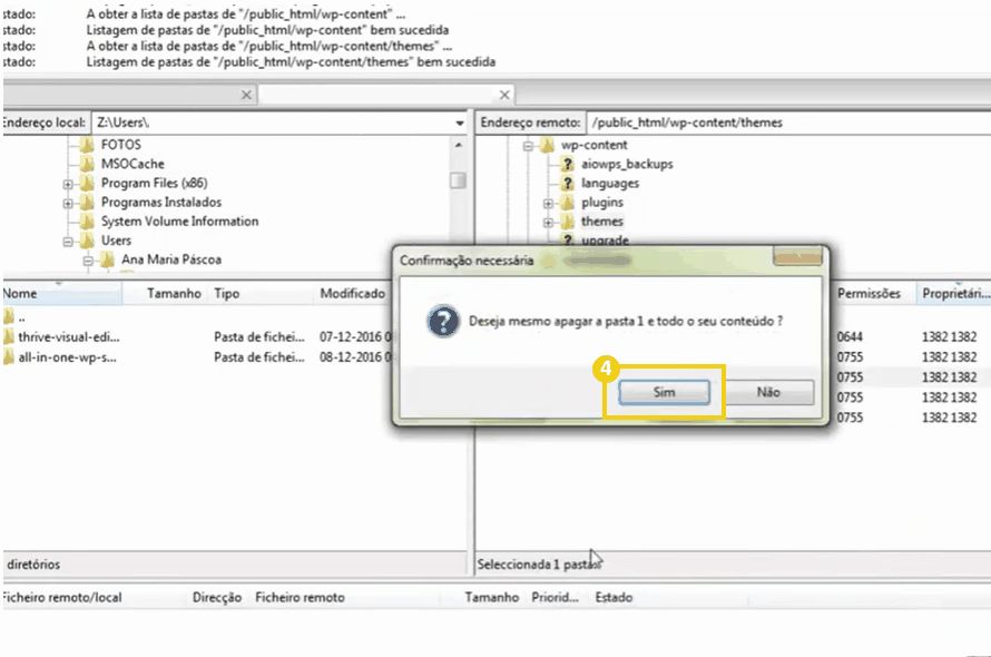 Interface de software mostrando aviso de confirmação para exclusão de pasta e conteúdo em sistema de gerenciamento de arquivos.