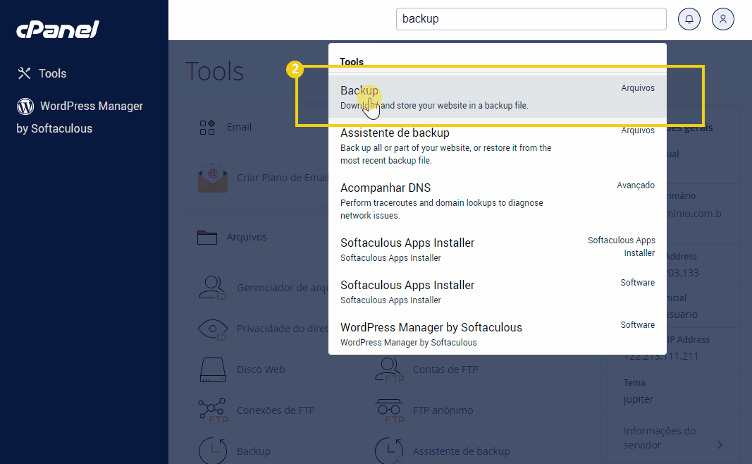 Interface do cPanel apresentando a ferramenta de backup para download e armazenamento de sites.