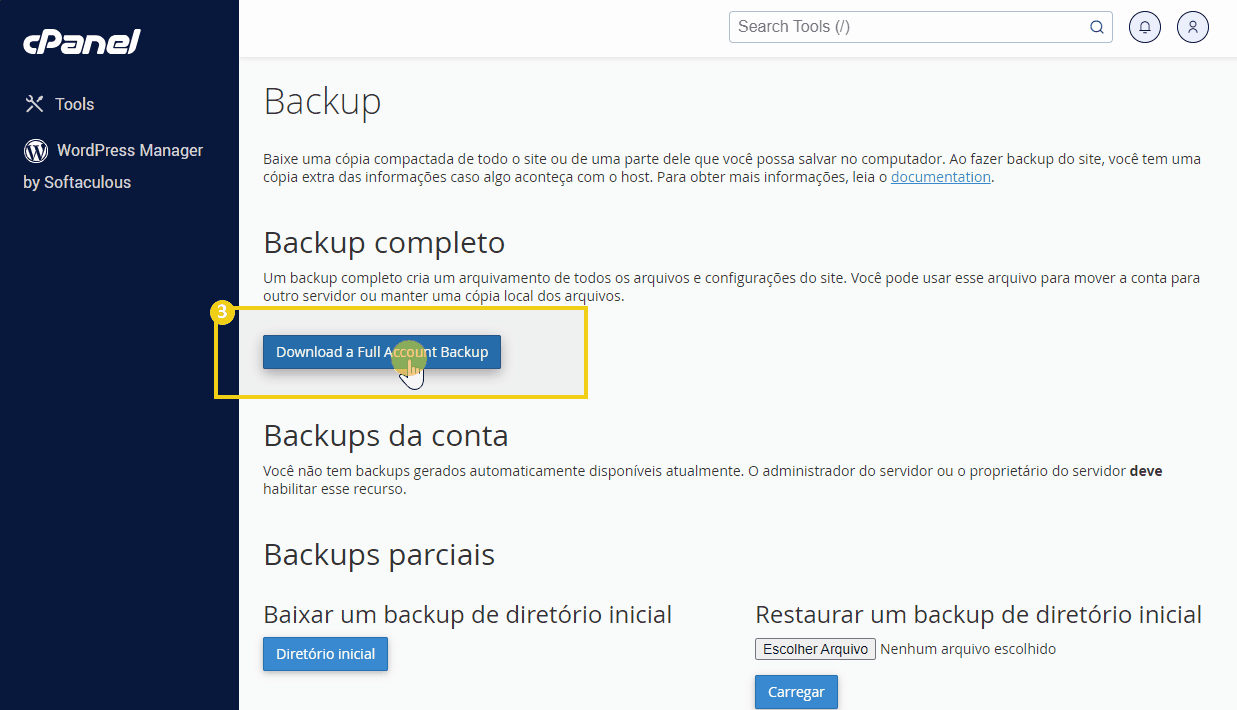 Página de gerenciamento de backup no cPanel, mostrando a opção para baixar um backup completo do site. Inclui instruções para utilização correta do recurso.