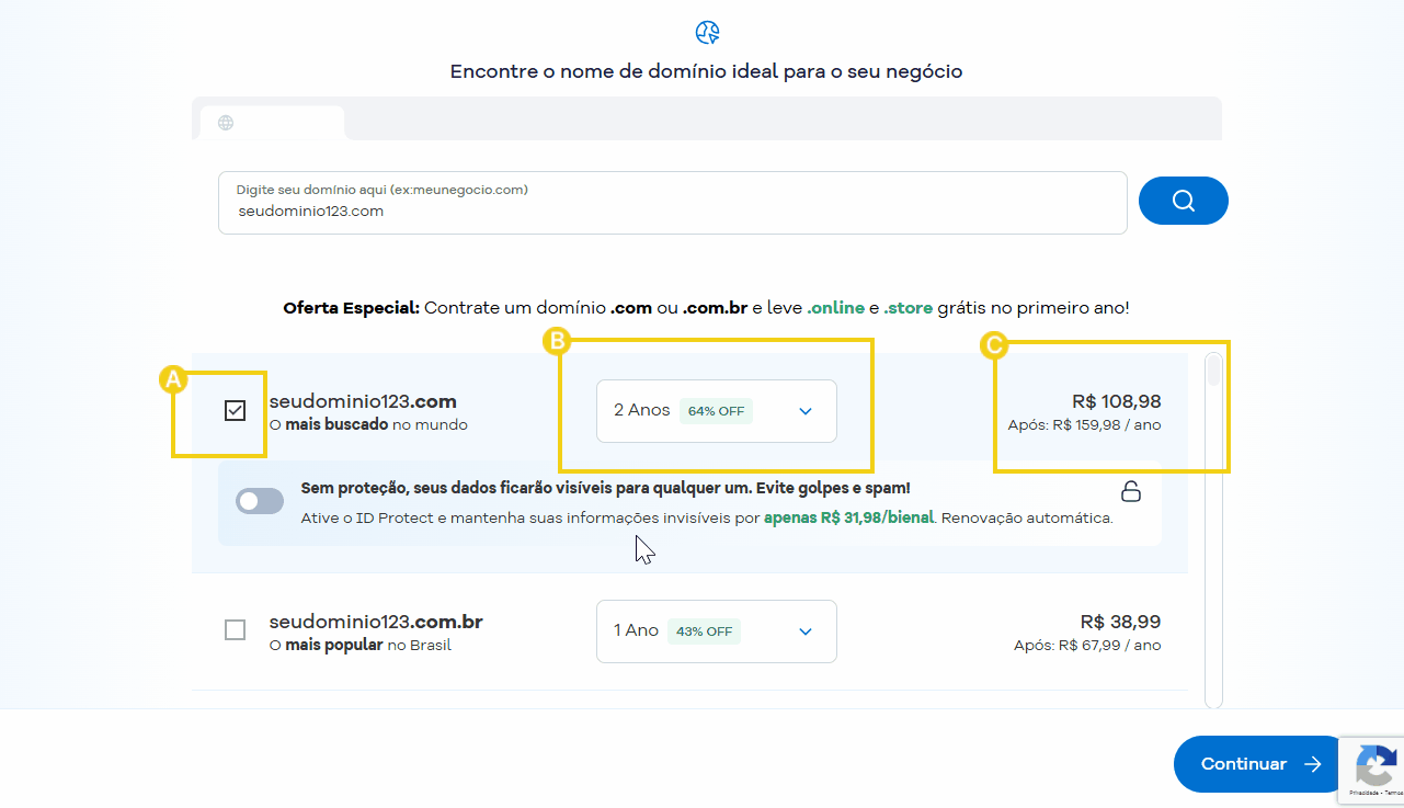 Tela de pesquisa de domínio com destaque para ofertas e preços acessíveis para comprar domínios online com desconto e ciclos variados.