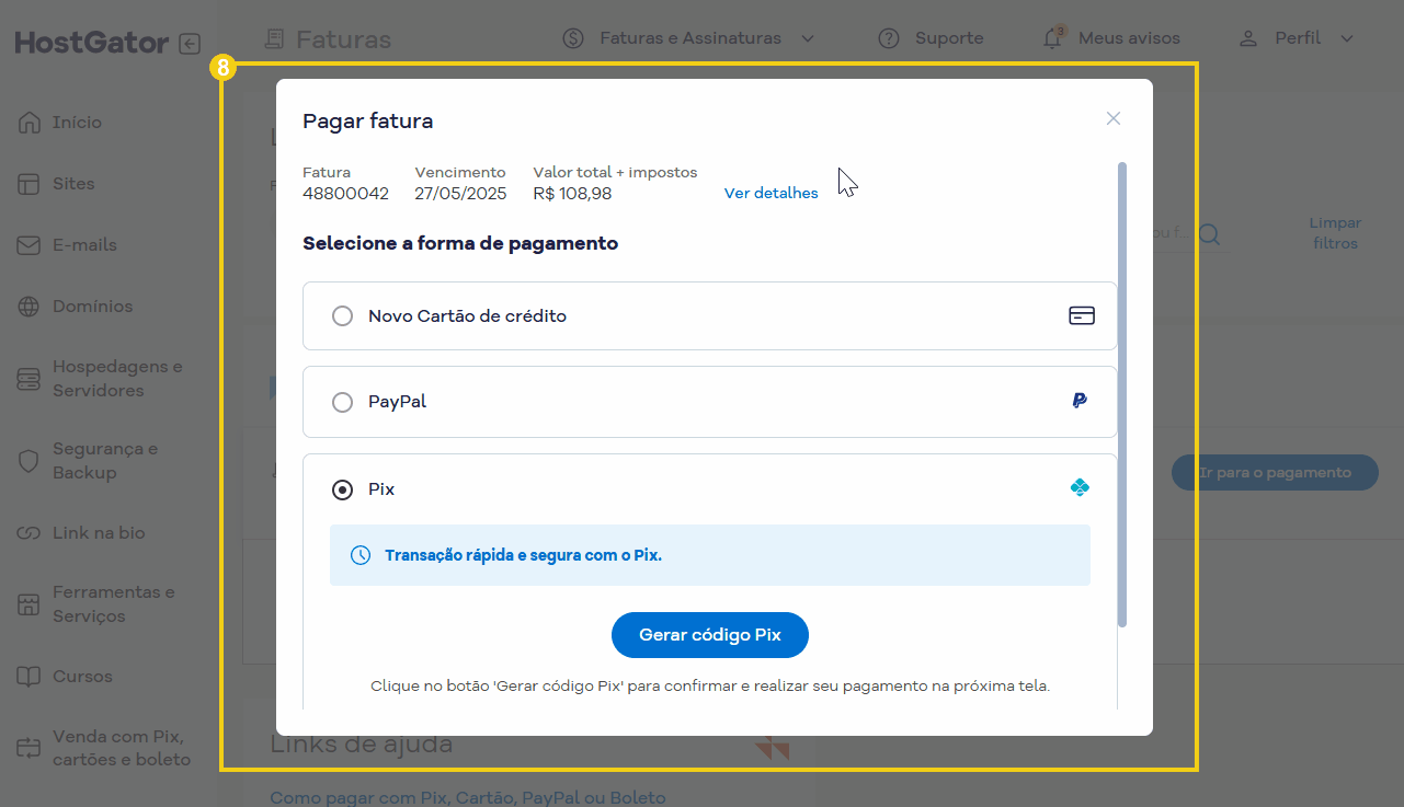 Tela de pagamento de fatura online mostrando opções de pagamento como cartão de crédito, PayPal e Pix, com destaque para a geração de código Pix.