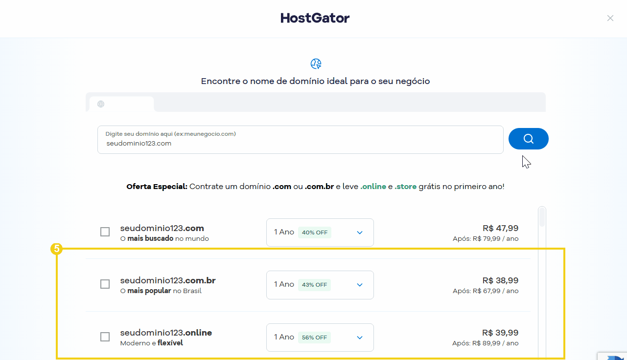 Imagem de uma tela de site para compra de domínios, com a listagem de domínios sugeridos