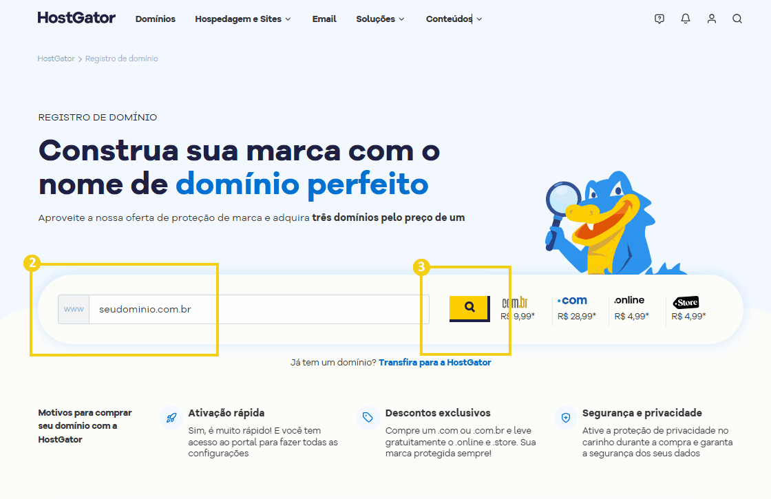 Imagem da página inicial do HostGator, plataforma de registro de domínios que oferece serviços de hospedagem e proteção de marca, destacando a opção de criar um domínio