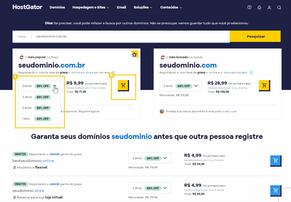 Imagem mostrando opções de planos de domínio no site seudominio.com.br, com descontos e condições especiais, destacando a importância de garantir seu domínio antes de outra pessoa.