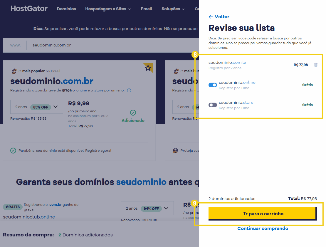 Demonstração de compra de domínio no site HostGator com destaque para opções de registros e planos de pagamento.