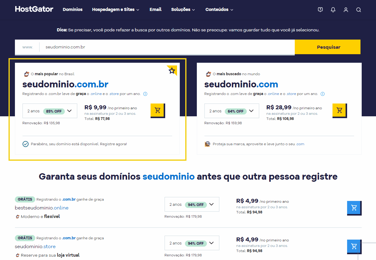 Imagem de um site de registro de domínios, mostrano diferentes planos de hospedagem e preços diversos para garantir seu domínio online