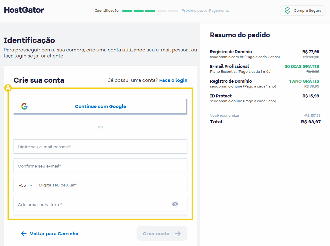 Tela de criação de conta no HostGator mostrando opções de registro, login e planos de hospedagem, destacando a facilidade de uso para novos usuários.