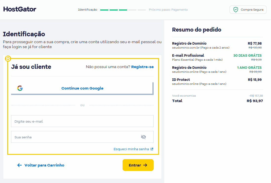 Tela de login da plataforma HostGator, com opção de continuar com Google e campos para e-mail e senha, além de detalhes sobre pagamento e promoções.