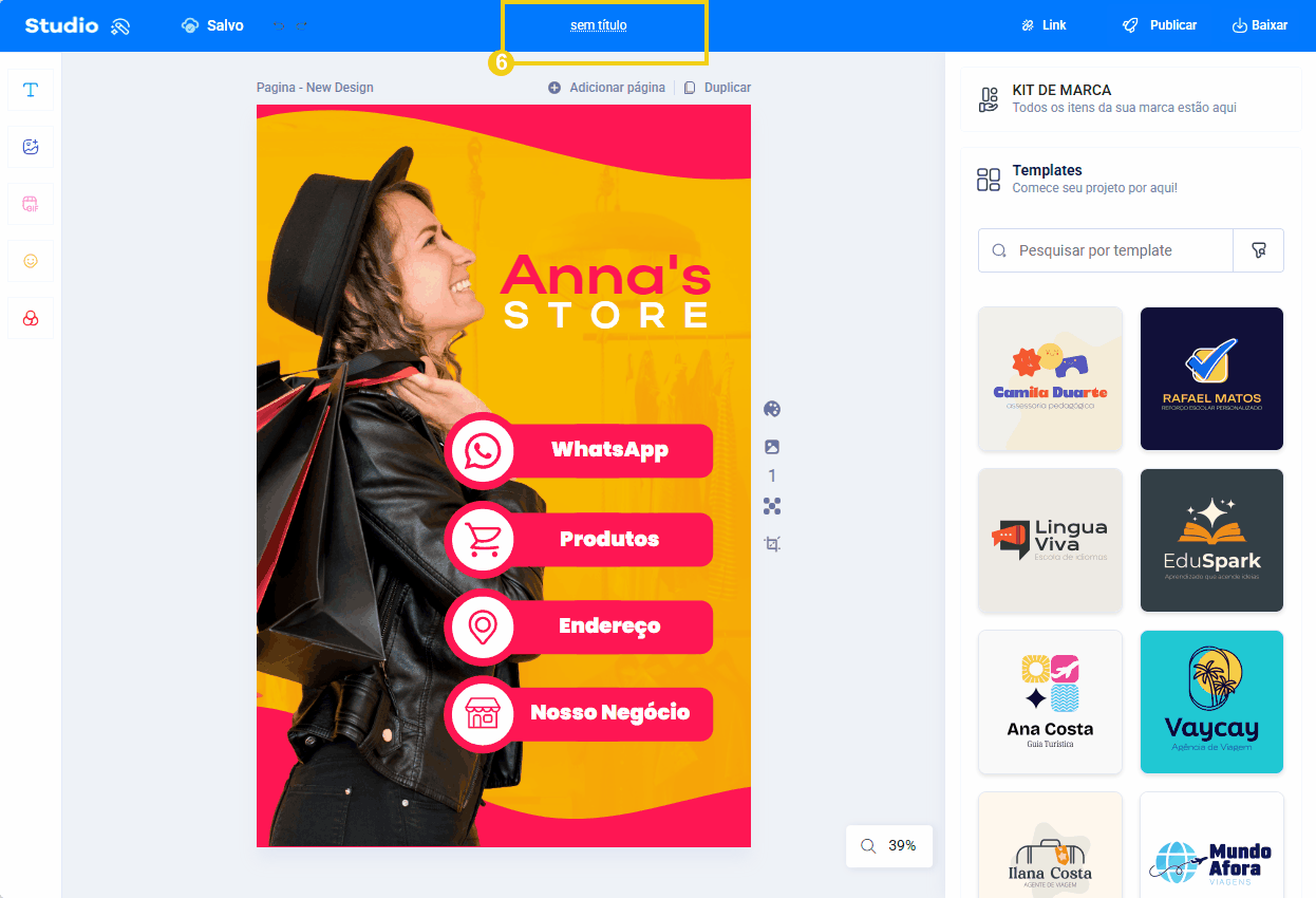 No painel do editor mostrando para adicionar um nome ao projeto