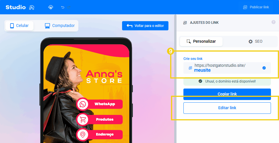 Imagem mostra que em Crie seu link, você deve adicionar o nome que deseja para o seu link, você pode alterar o que escrever clicando em editar link