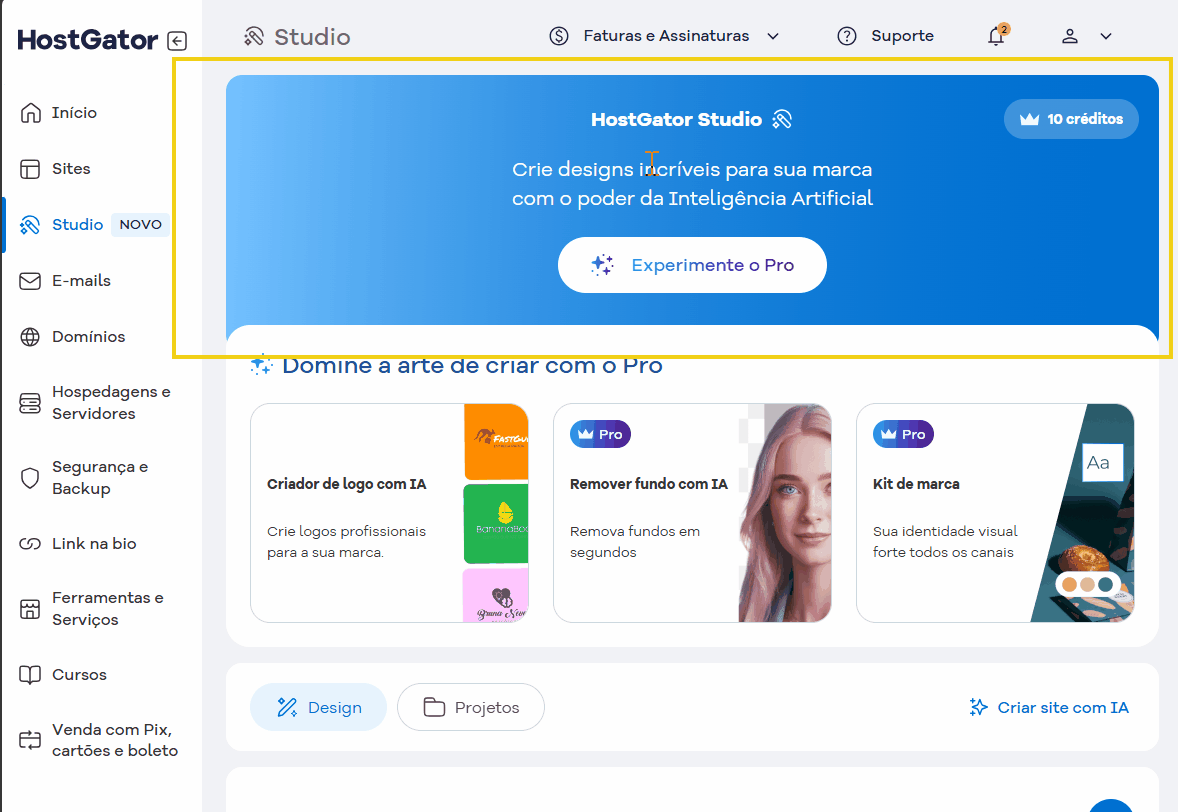 imagem com o painel inicial do Studio, mostrando o banner superior que tem o saldo dos créditos e experimente o Pro