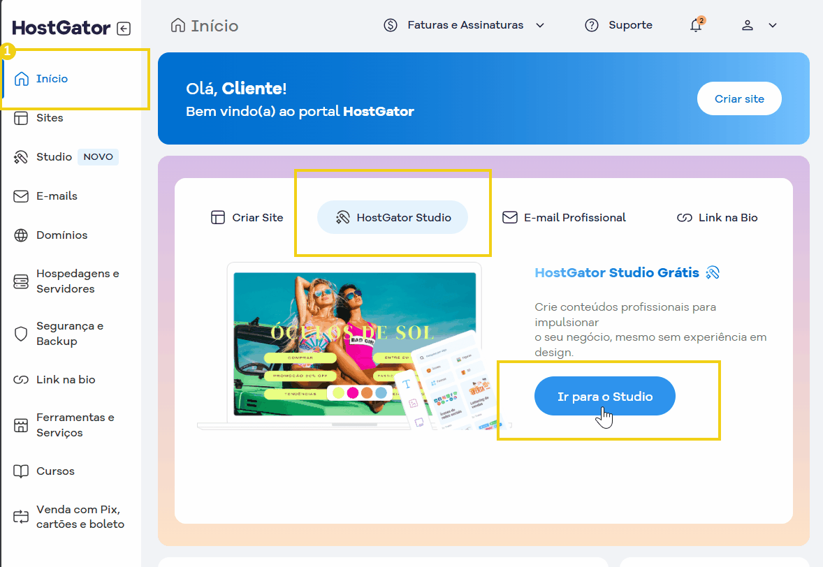 Visão da tela inicial do portal HostGator mostrando botão para acessar o studio via inicio