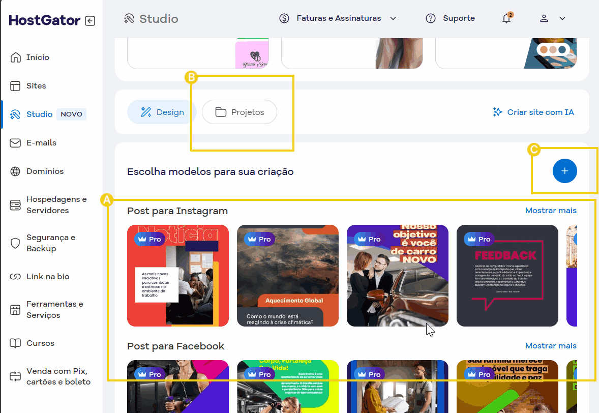 Painel mostrando a bibilioteca de templates, criação e projetos