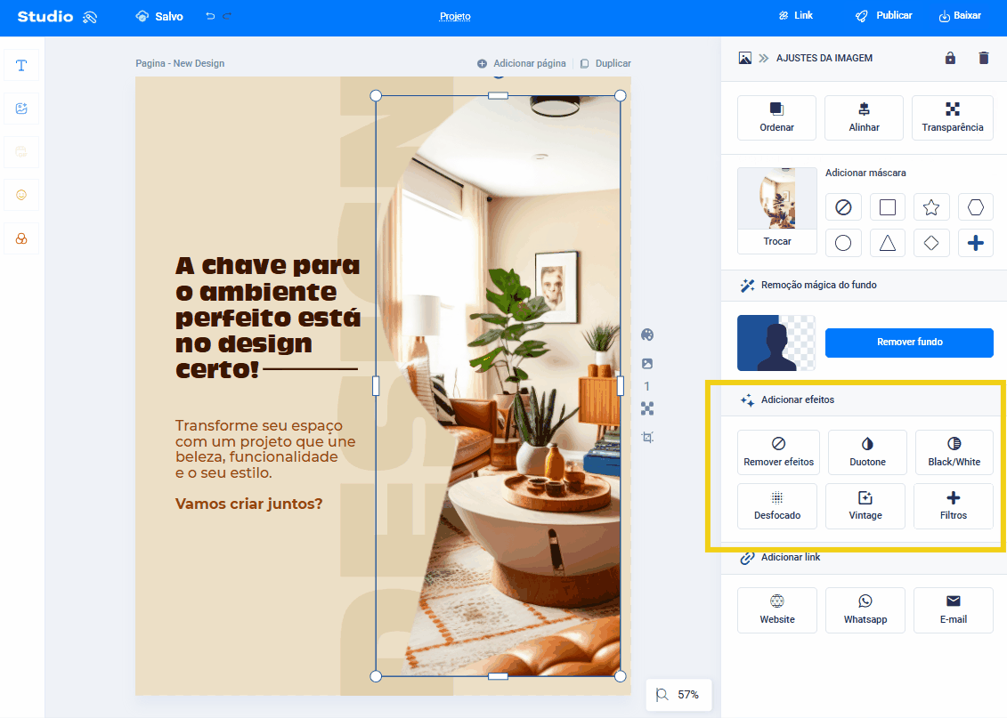 Imagem mostra para na seção "Adicionar efeitos" clicar em um dos efeitos disponíveis ou em remover efeitos