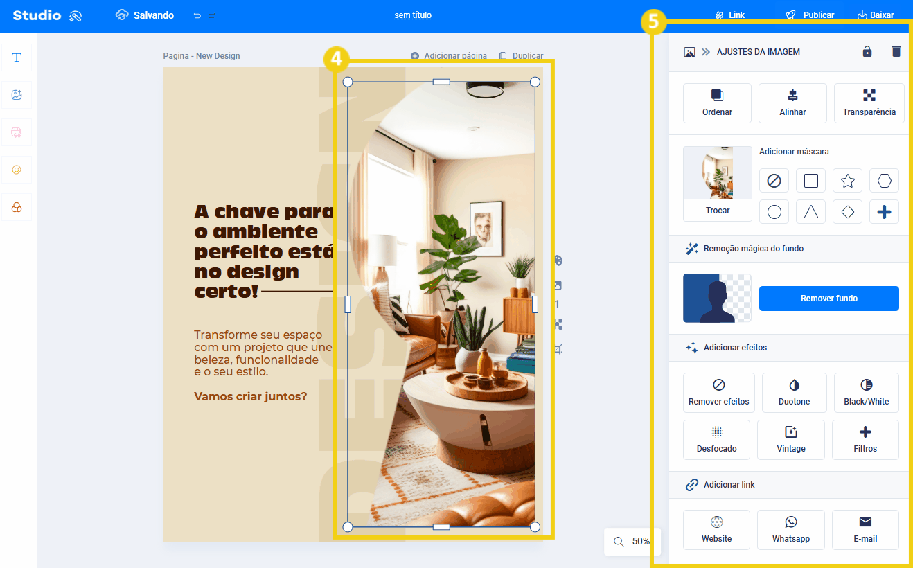 Imagem mostra a imagem selecionada e o painel "Ajustes da Imagem" com todas as ferramentas para editar