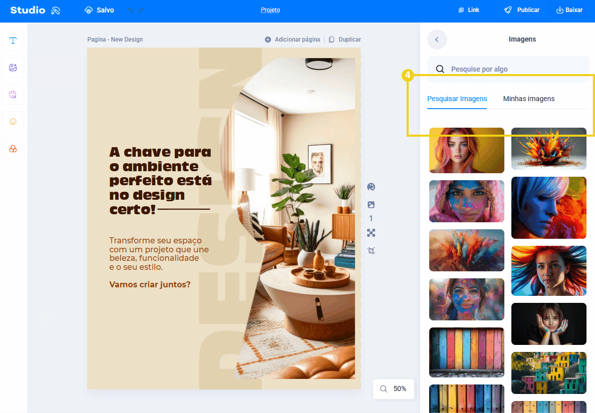 Imagem mostra o painel do editor com a galeria de imagens para pesquisar ou ir para minhas imagens