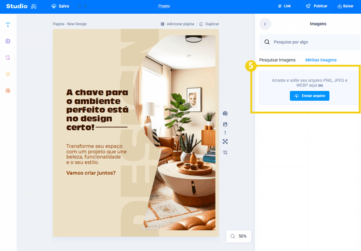 Imagem mostra o botão para enviar arquivos e subir as suas próprias imagens