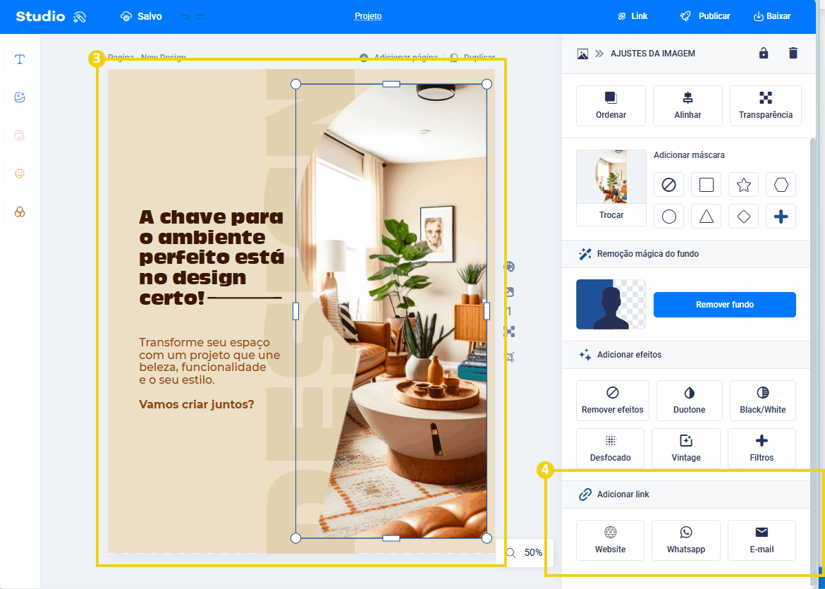 Imagem mostra que deve escolher um elemento no template e depois no painel "Ajustes da imagem" escolher onde quer adicionar o link, se website, WhatsApp ou E-mail