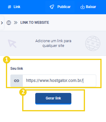Imagem mostra a tela para adicionar o link de uma página online e o botão gerar link