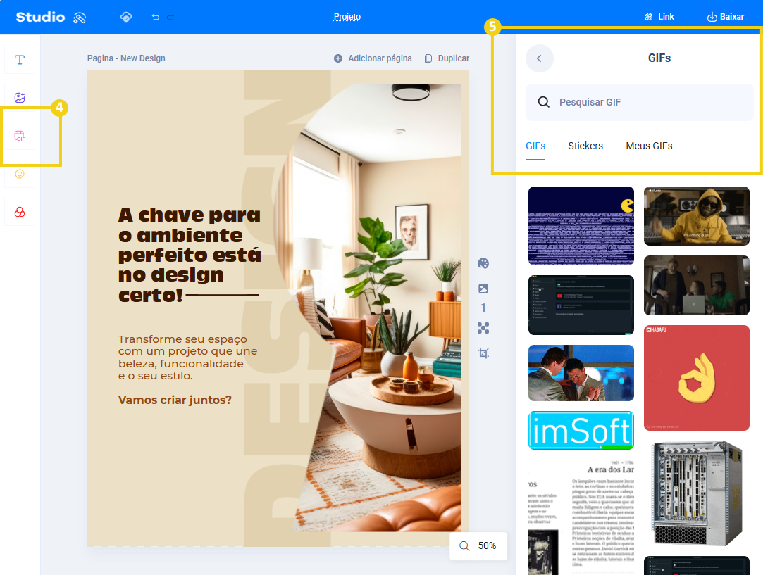 Imagem mostra que ao clicar no botão de ícone abre o painel com opções de gifs, stickers e meus gifs