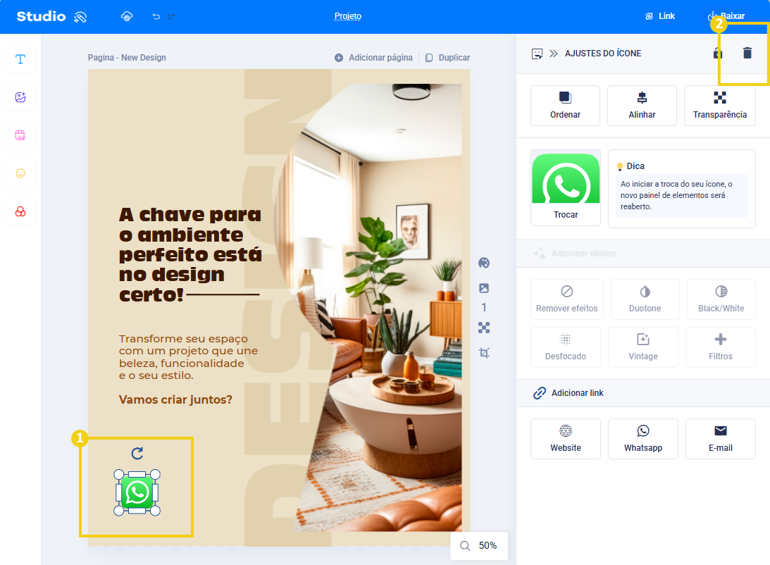 Imagem mostra como é possível deletar um gif, uma forma ou ícone