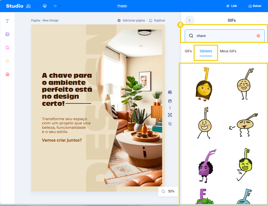 Imagem mostra que pode-se buscar com por algo relacionado ao stickers e será exibida a lista com o resultado