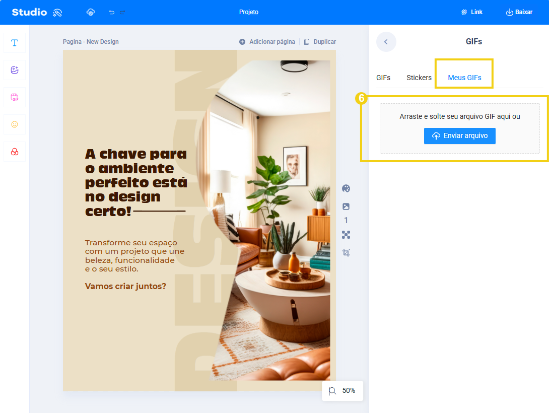 Imagem mostra que em "Meus Gifs" é possível arrastar e soltar o arquivo ou clicar no botão "Enivar arquivo" para subir um GIF próprio