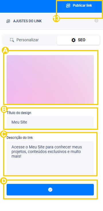 Imagem mostra a configuração do SEO e ao concluir para clicar no botão "Publicar link"