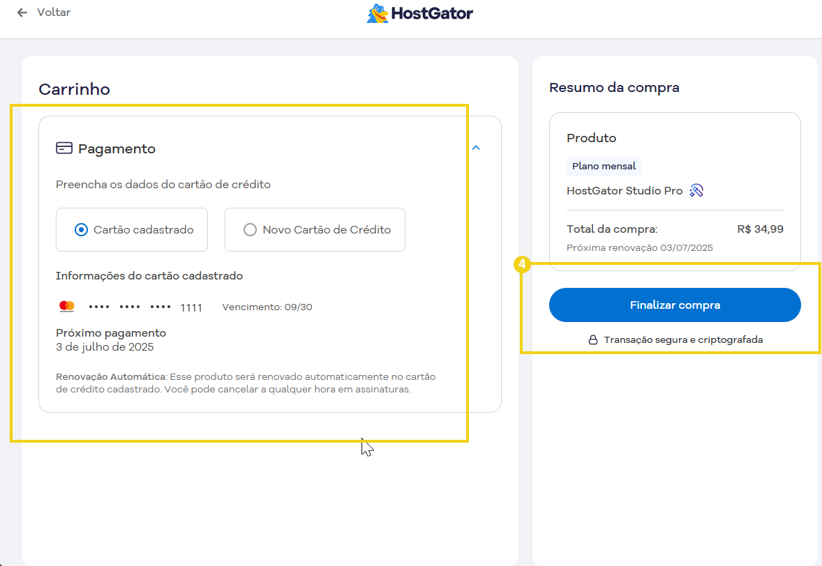 Captura de tela de uma interface de compra online no HostGator mostrando opções de pagamento e finalização da compra de plano mensal.