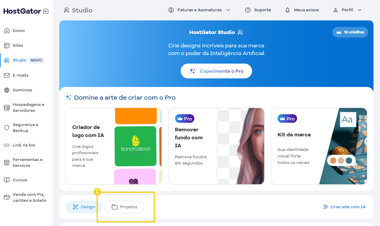 Imagem da área do Studio do Portal do Cliente, que mostra que deve-se clicar no botão "Projetos"