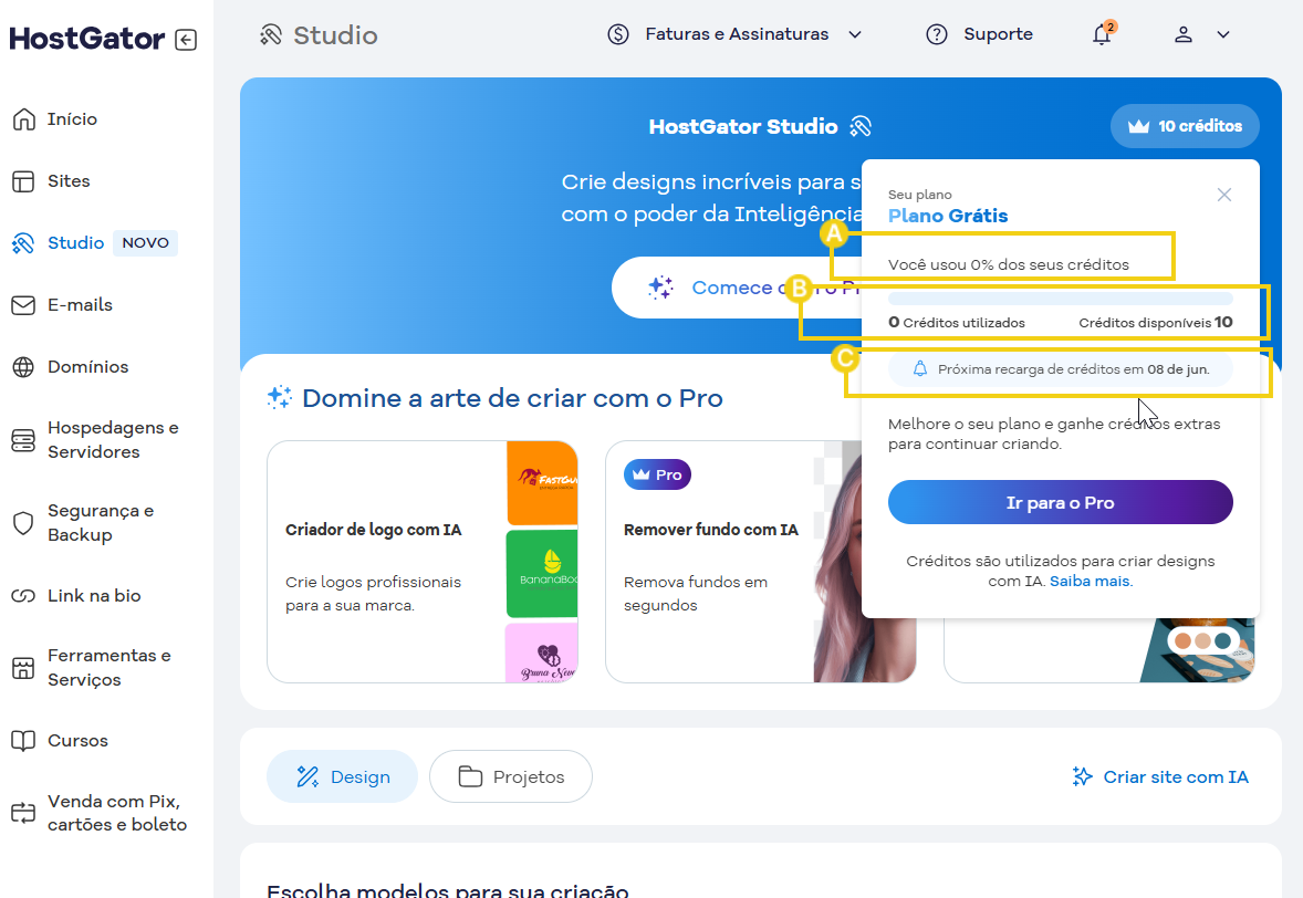 Tela do painel do HostGator Studio mostrando o gerenciamento de créditos e plano grátis, com destaque para a quantidade de créditos utilizados e disponíveis, e a próxima recarga de créditos programada.