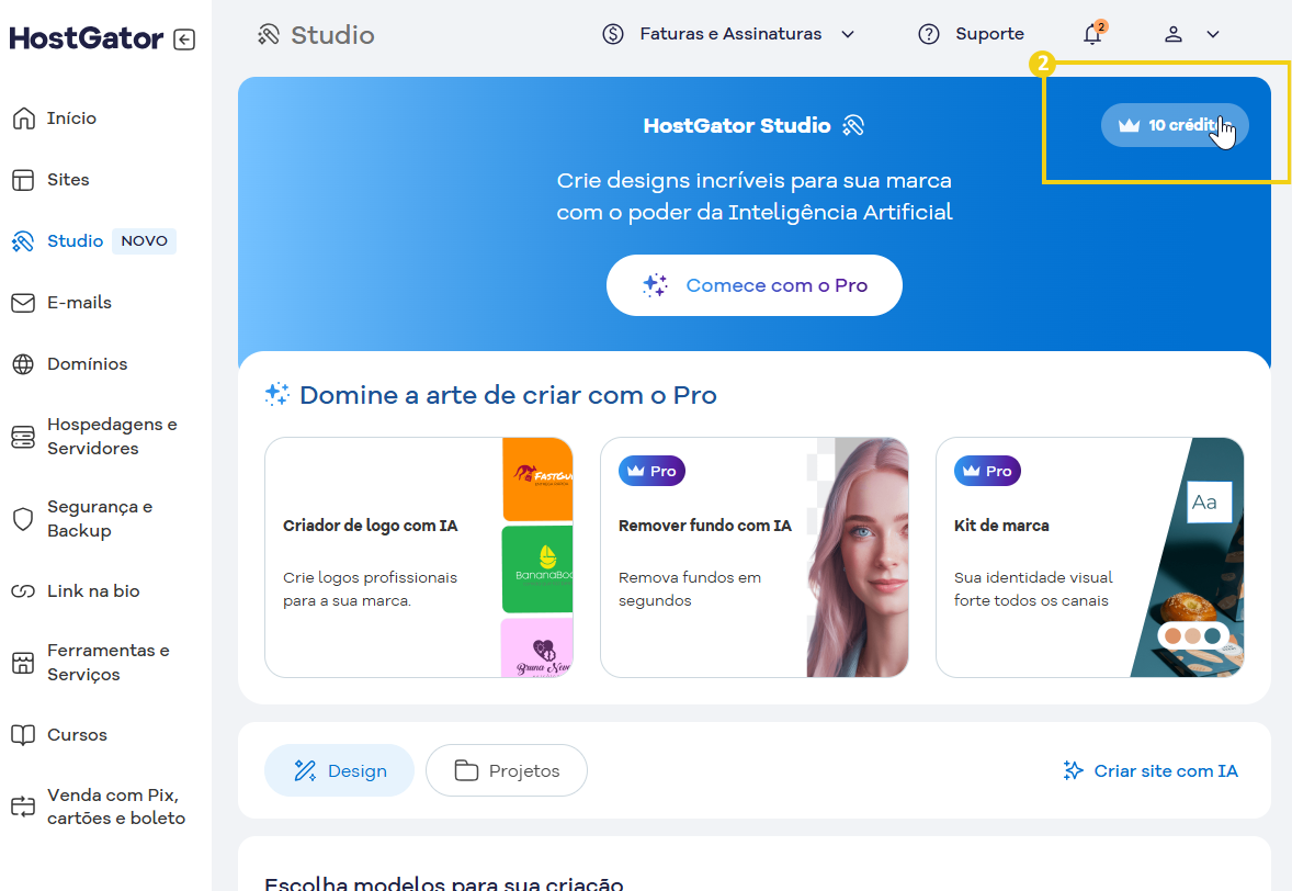 Captura da página inicial do HostGator Studio oferecendo recursos de inteligência artificial para criação de logos, fundos, kits de marca, com destaque ao painel de créditos e planos