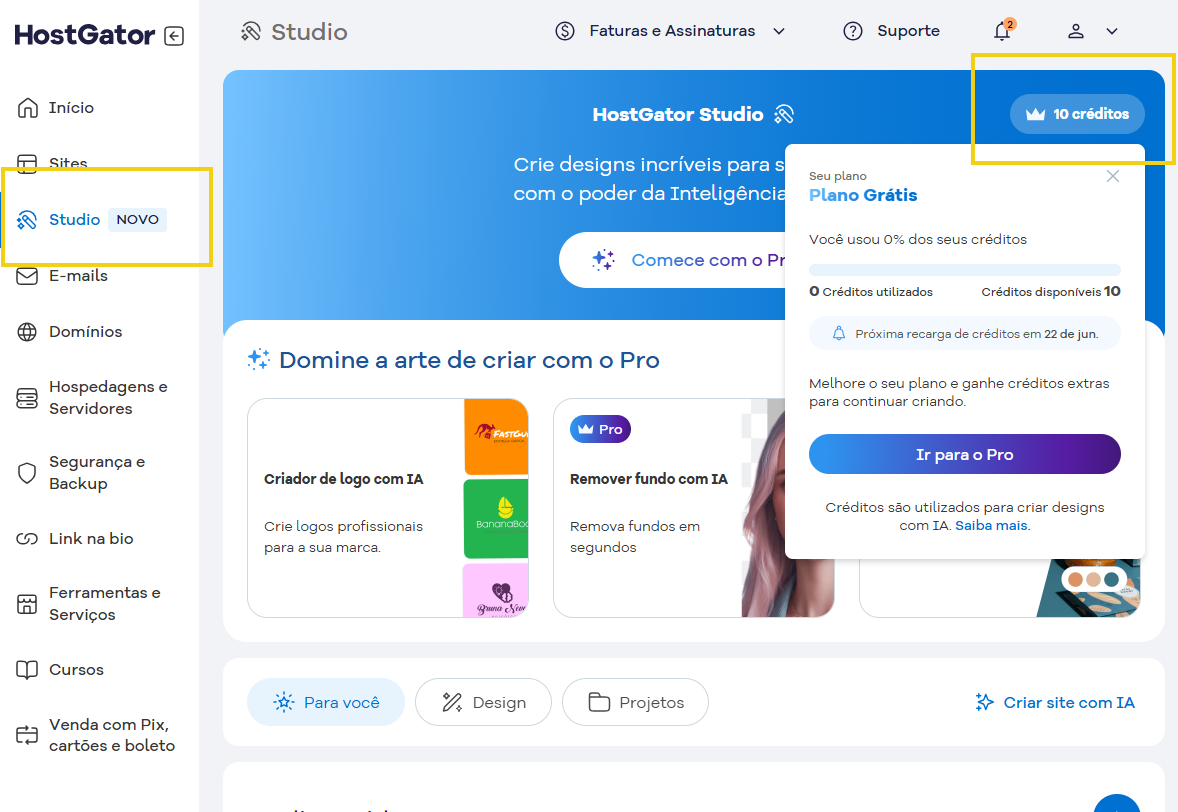 Imagem com o painel do studio mostrando o botão de créditos