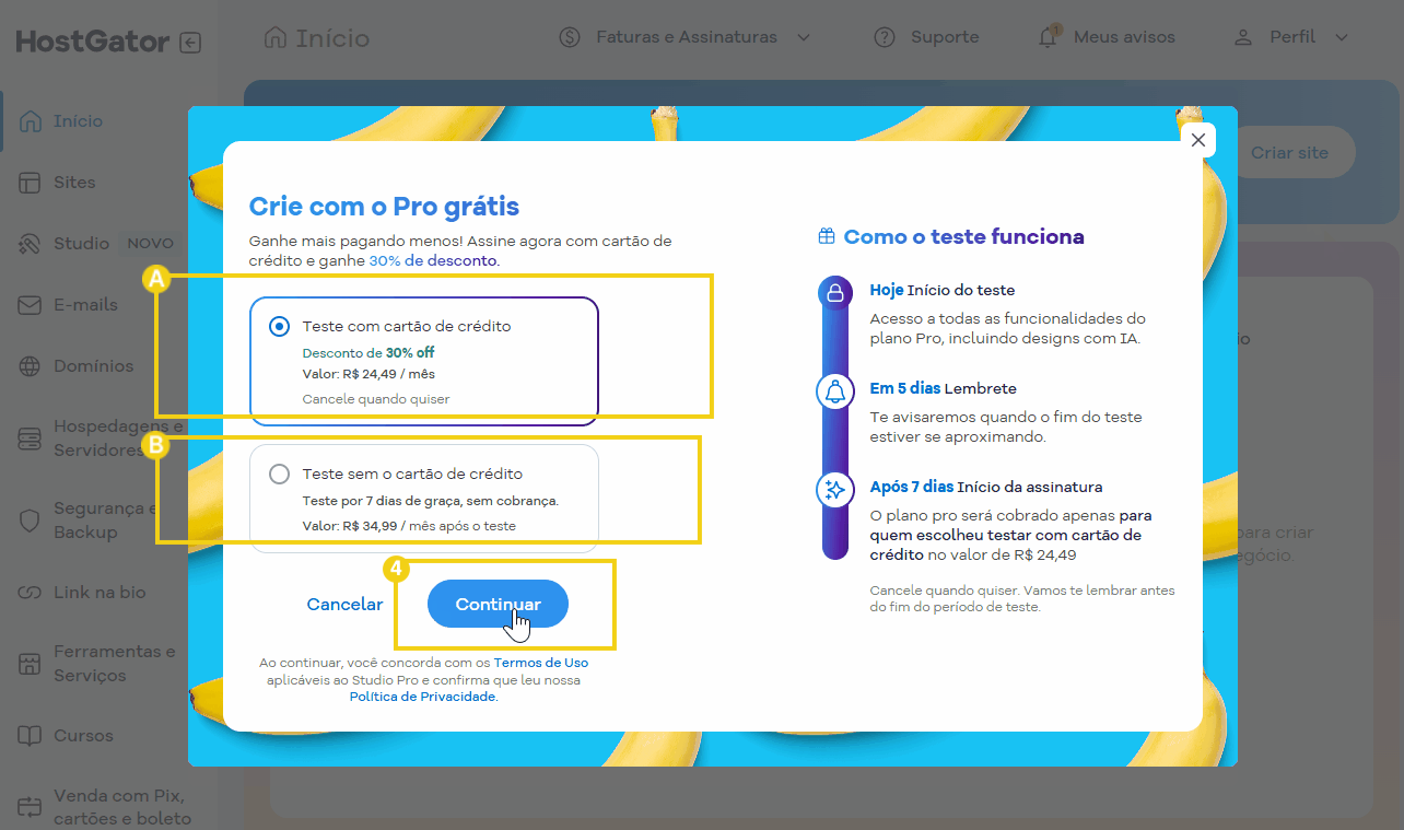 Imagem mostrando passo a passo para criar uma conta com o Pro grátis no HostGator, incluindo opções de pagamento com cartão de crédito e sem.