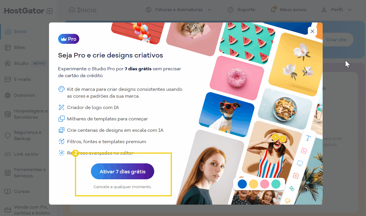 Imagem mostrando a plataforma de Design Criativo do Studio Pro com diversos exemplos de criações visuais, templates e recursos para criar designs profissionais.