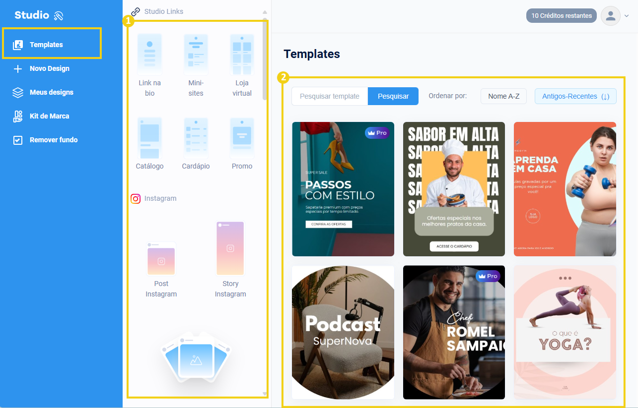 Imagem mostra as opções disponíveis dentro de "Templates", onde tem os layouts e modelos