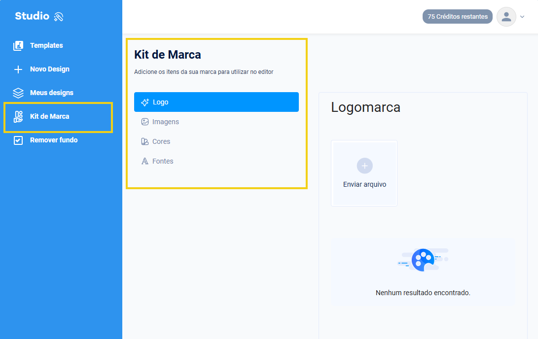 Imagem mostra o painel de Kit de Marca com todos os recursos que podem ser inseridos, como logo, imagens, cores e fontes